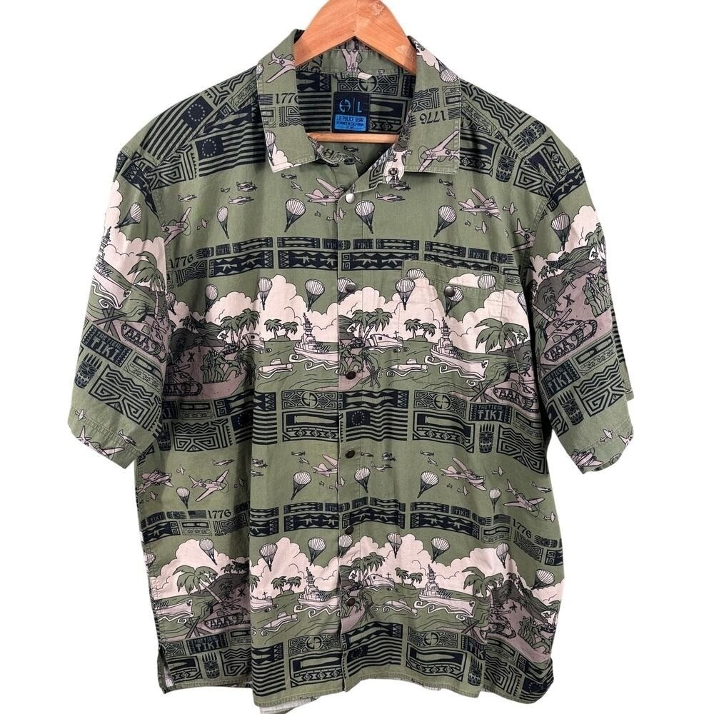 LA Police Gear Large Green Military Tactical Tiki Short Sleeve Snap Button Shirt
